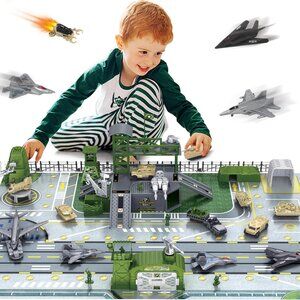 Army Toys Set 13 Vehicles Airplane Tank Trucks Helicopter Fighter Jet, Play Mat
